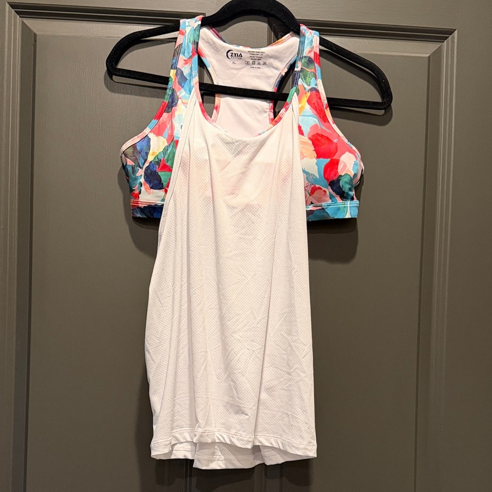 Zyia Active Athletic White Mesh Tank with Colorful Floral Sports Bra